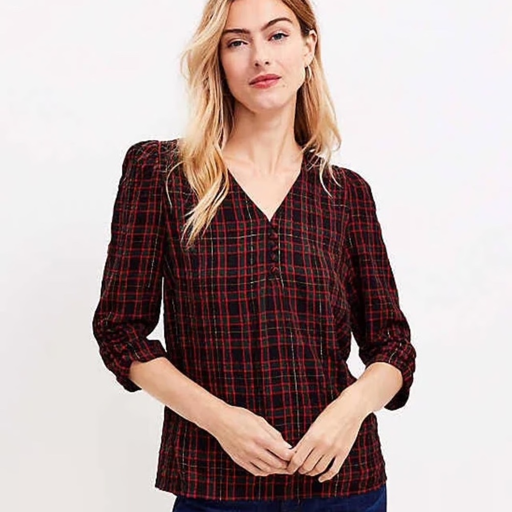 LOFT Shimmer Plaid Shirred V-Neck Blouse - Sz Large